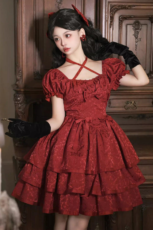 Crimson Thorned Rose Short Sleeve Multi-Layer Ruffle Bow Princess Lolita Dress