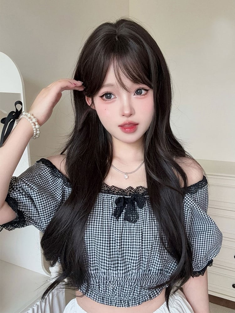 Black Tea 73CM Length Wavy Wig With Curtain Bangs