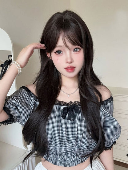 Black Tea 73CM Length Wavy Wig With Curtain Bangs