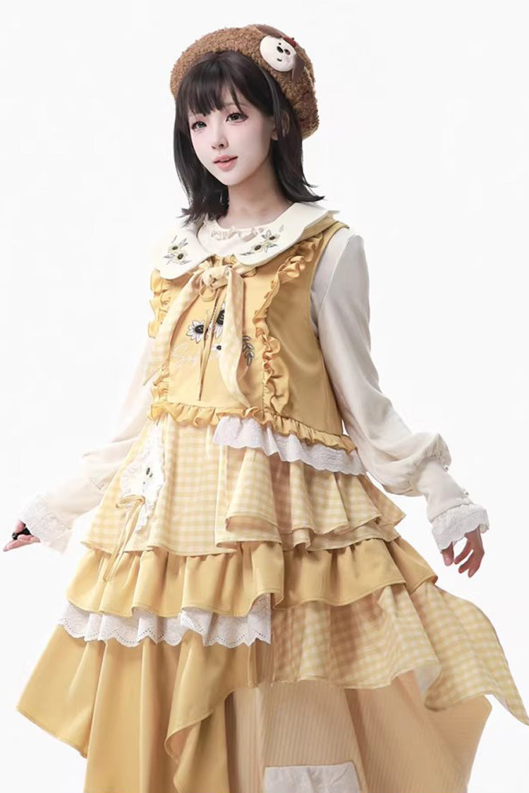 Orange Diary Layered Print Embroidered Bow Lace Asymmetric Sweet Lolita Jumper in Yellow