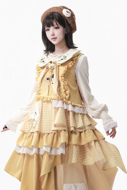 Orange Diary Layered Print Embroidered Bow Lace Asymmetric Sweet Lolita Jumper in Yellow