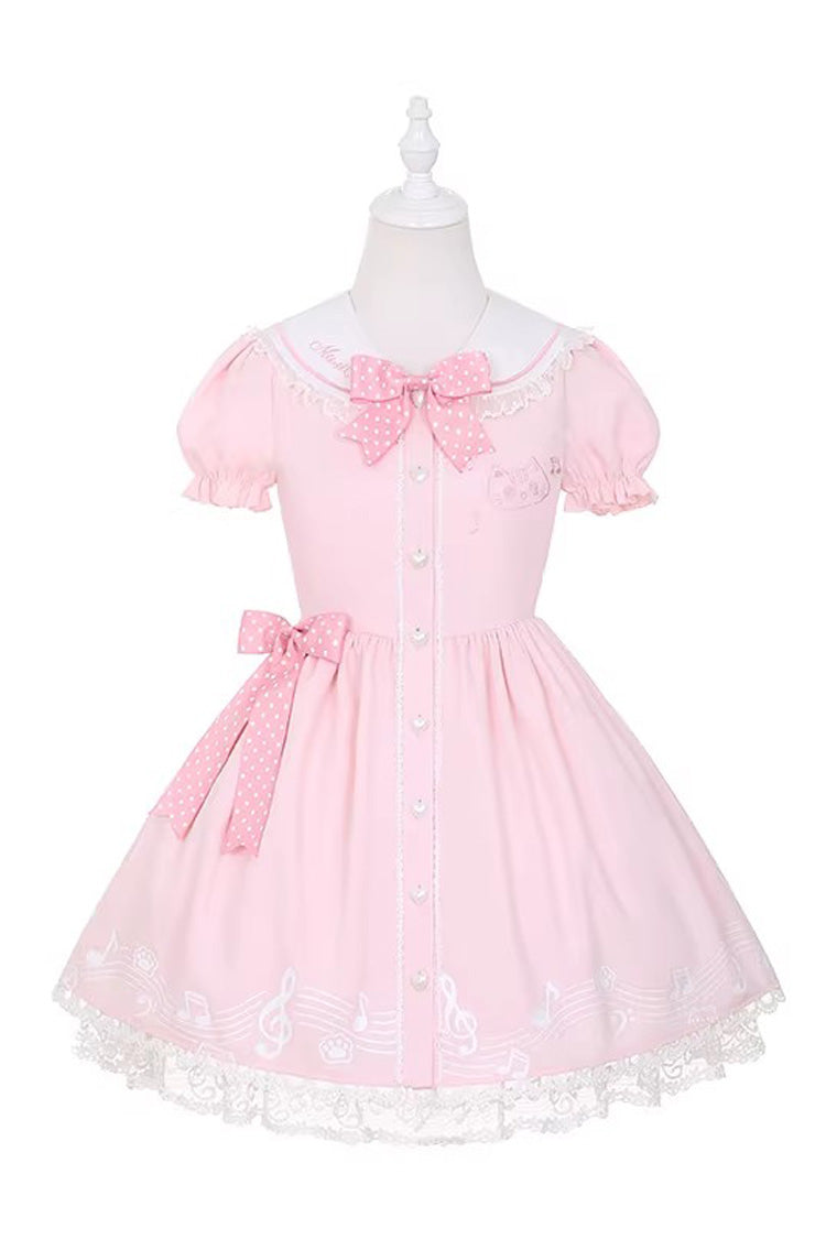 Rose Melody Kitty Doll Collar Short Sleeve Ruffled Embroidered Bow Lace Sweet Lolita Dress