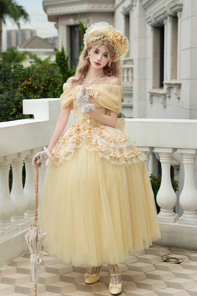 Sissi's Pilgrimage Off Shoulder Ruffle Bow Lace Sweet Lolita Long Skirt in Yellow