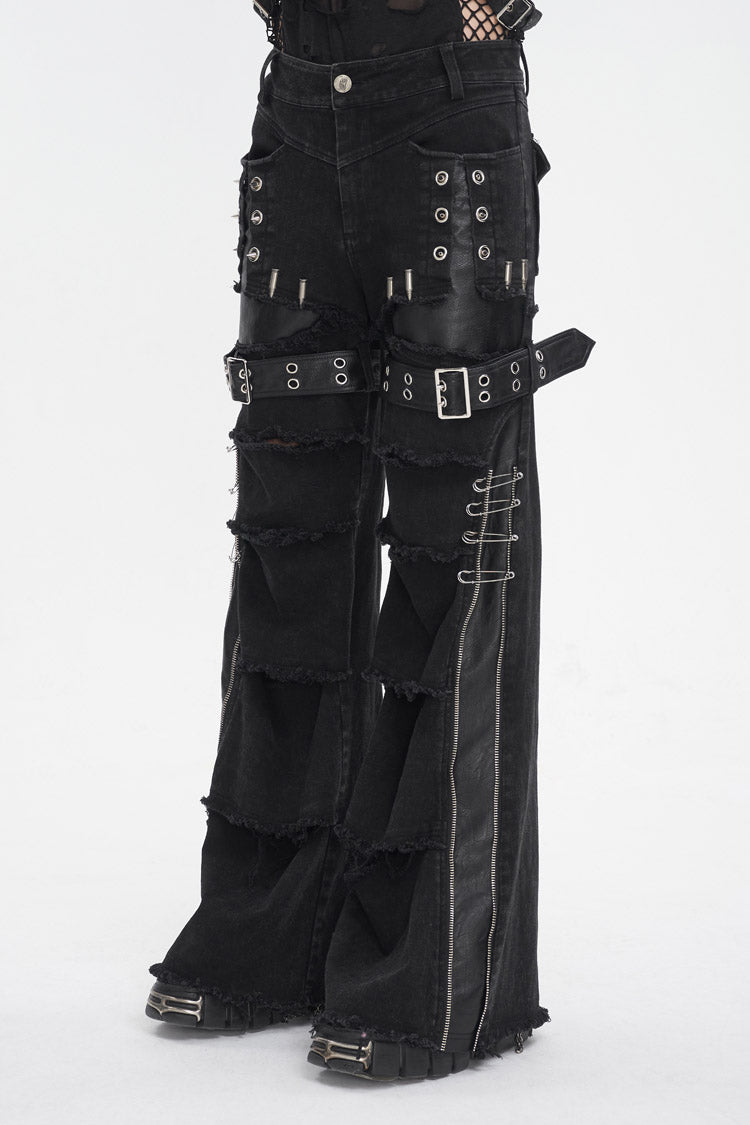 Men's Punk Flared Pants in Spliced Black Faux Leather