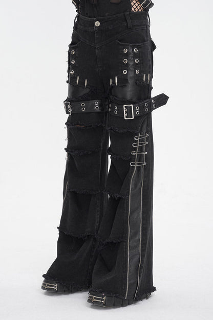 Men's Punk Flared Pants in Spliced Black Faux Leather