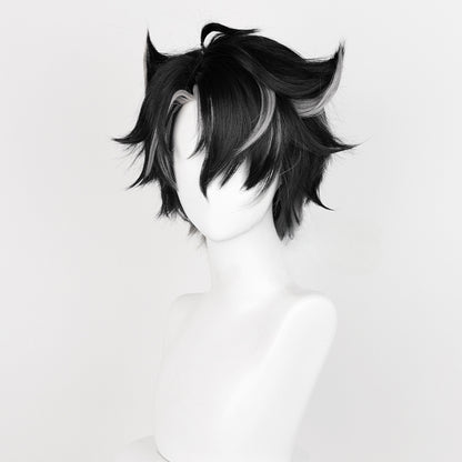 Perruque de cosplay noire et argentée Genshin Impact Wriothesley ON1309