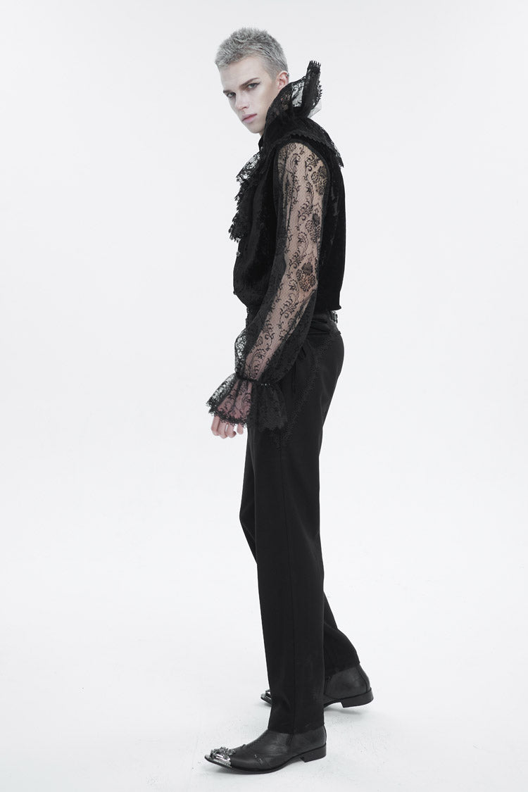 Men's Gothic Shirt with Lotus Leaf Collar and Sheer Lace