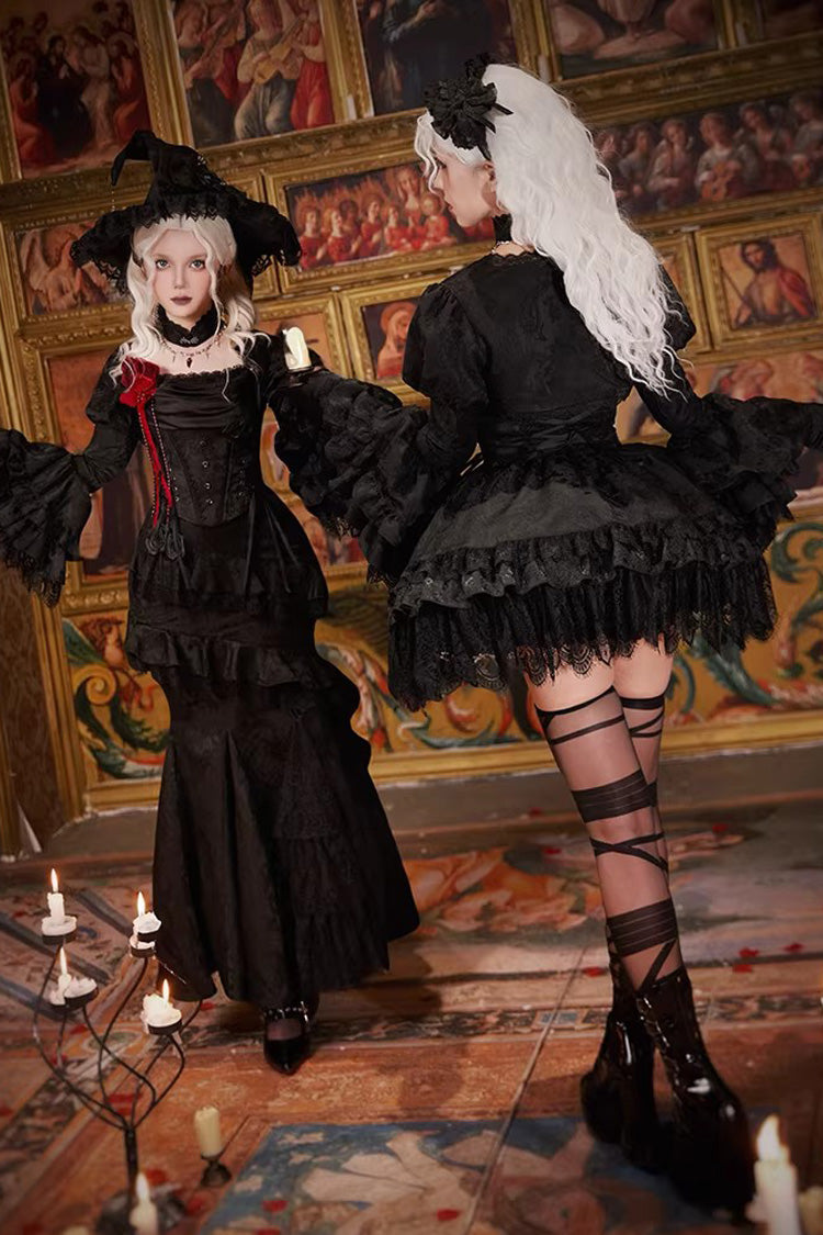 Gothic Lolita Skirt with Multi-Layered Jacquard and Ruffled Witch Design