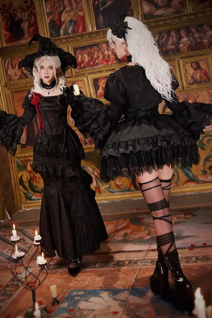 Gothic Lolita Skirt with Multi-Layered Jacquard and Ruffled Witch Design