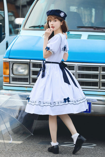 Ivory Navy Stripe Ruffled Embroidered Sweet Lolita Dress