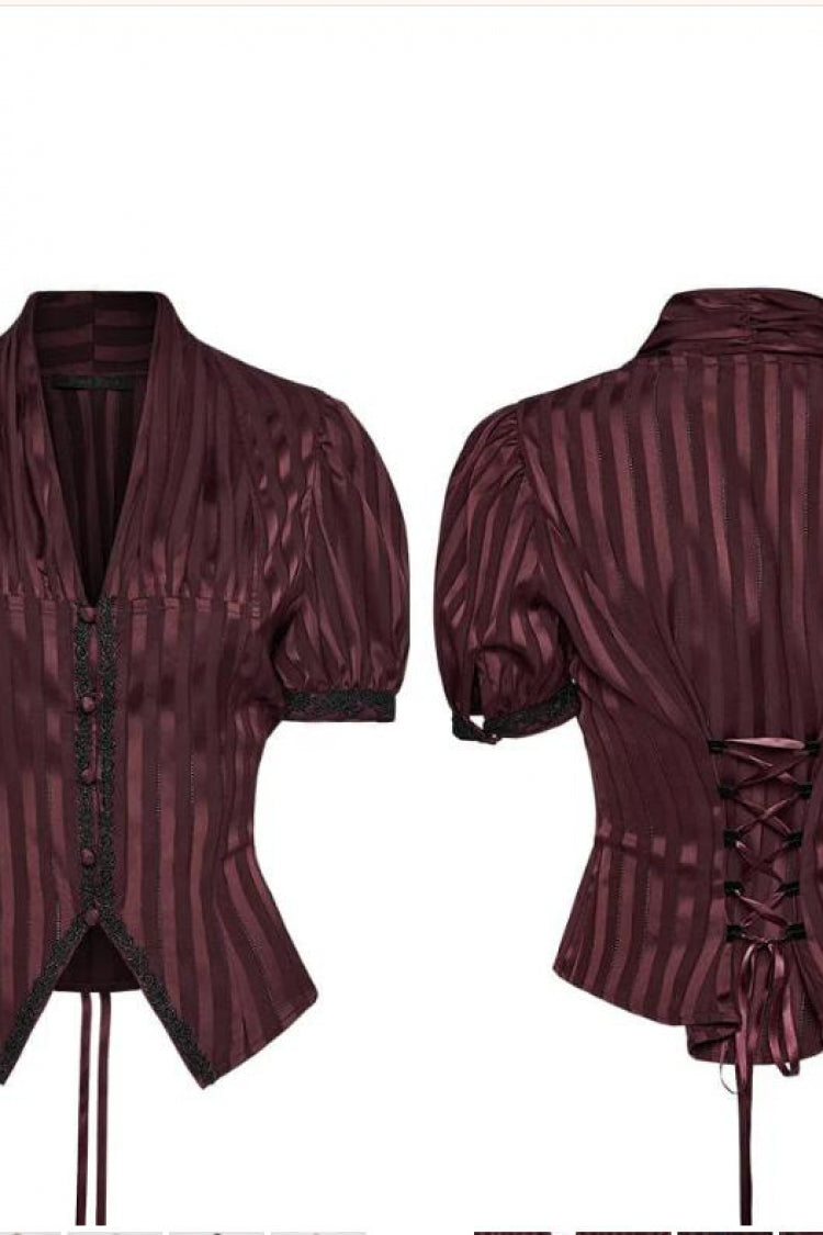 Crimson V-Neck Short Puff Sleeve Lace-Up Striped Goth Top