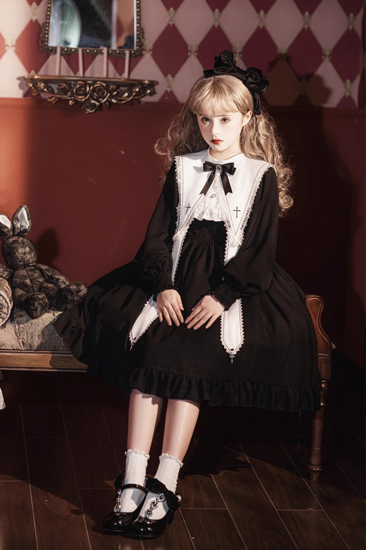 Classic Gothic Elegant Nun Dress with Long Sleeves and Ruffled Bow