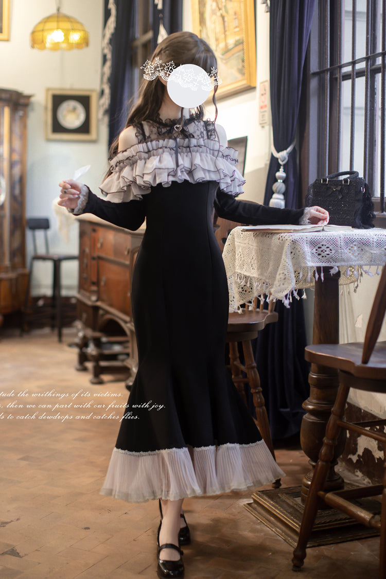 Ruffled Bowknot Fishtail Sweet Elegant Long-Sleeve Dress