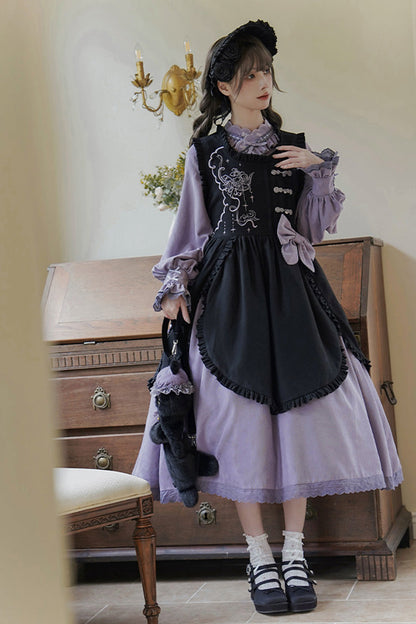 Black Purple Petal Collar Drawstring Chinese Lolita Set