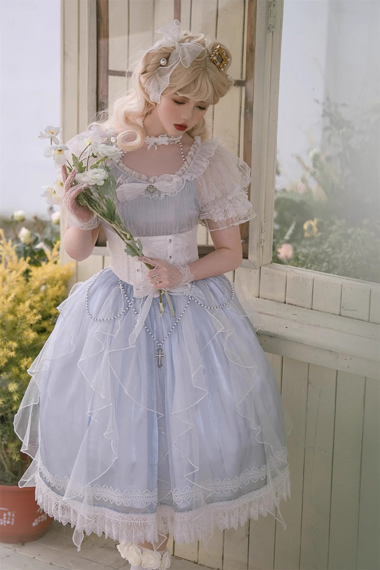 Blue Round-Collar Mermaid Tears Short-Sleeved Bow-Trim Sweet Princess Lolita Dress
