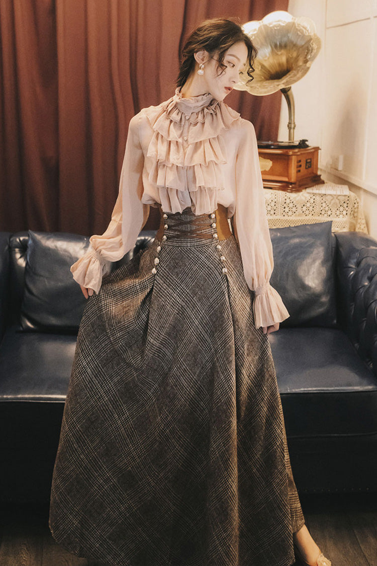 Pink Brown Stand Collar Long Lantern Sleeves Lace-Up Vintage Lolita Skirt Set