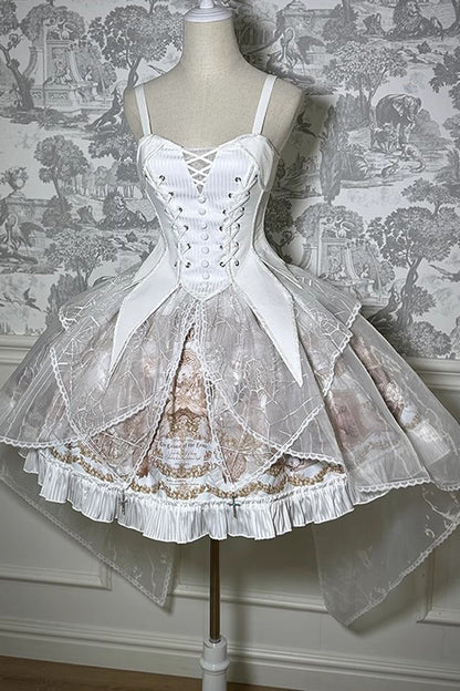 Printed Gothic Lolita Skirt Dress with Bowknot and Ruffle - Doll Mystery