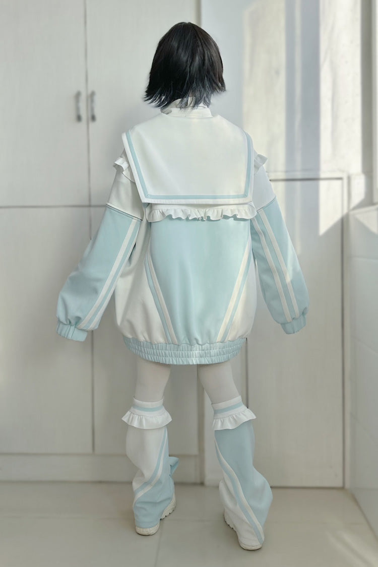 Ruffle Color Block Zipper Coat Three Shades