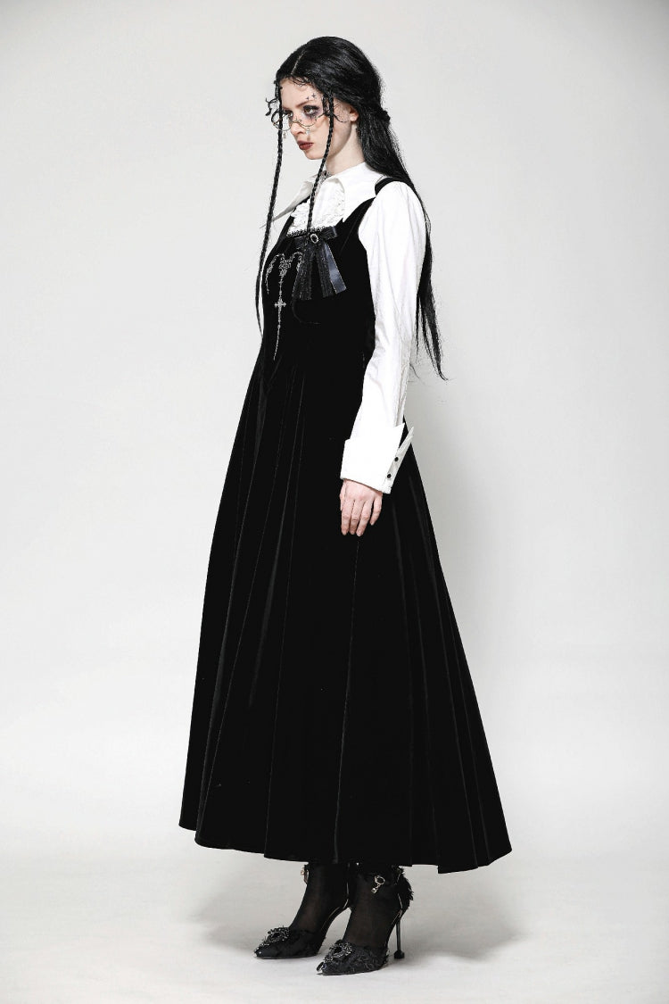 Gothic Women's Velvet Maxi Dress with Embroidered Horns and Lace-Up Back