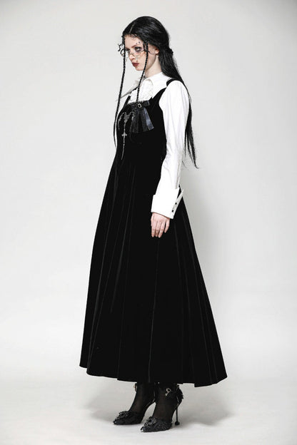 Gothic Women's Velvet Maxi Dress with Embroidered Horns and Lace-Up Back