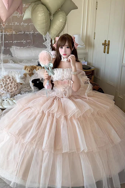 Rose Mousse Love Song Sleeveless Layered Ruffles Bride Bow Sweet Lolita Gown