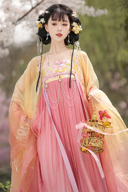 Tang Dynasty Inspired Embroidered High-Waist Hanfu Ensemble in Yellow and Pink