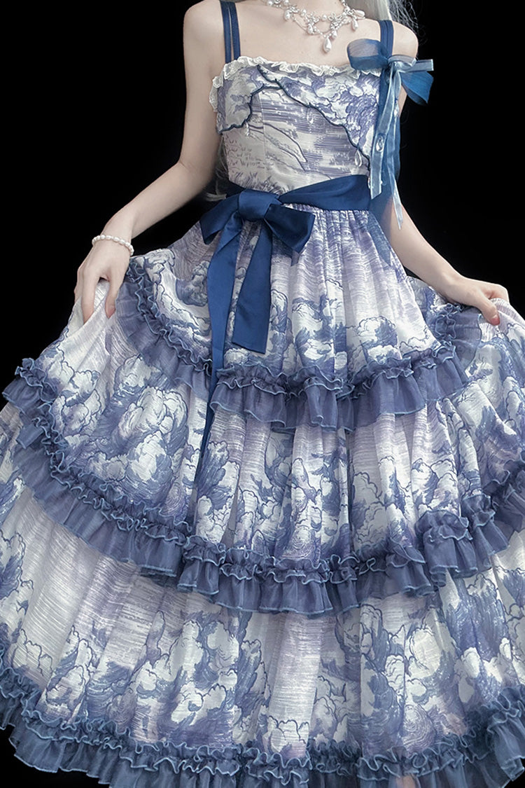Multihued Layered Cloud Print Ribboned Lolita Jumper