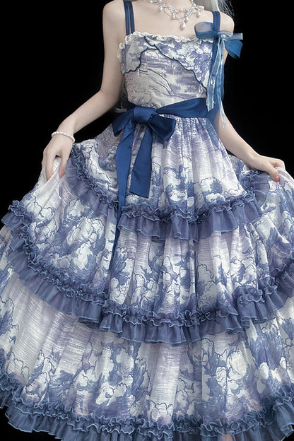 Multihued Layered Cloud Print Ribboned Lolita Jumper