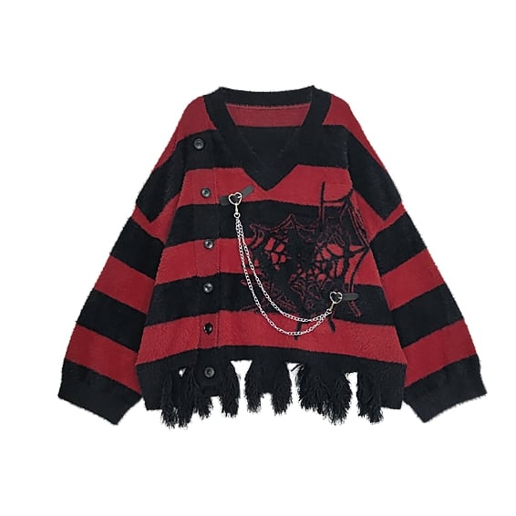 Y2K Black and Red Spider Web Distress Trim V-neck Striped Sweater Buckle Straps