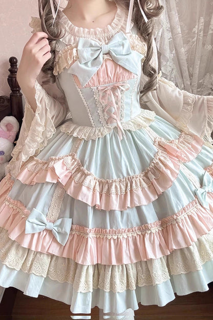 Blue Pink Candy Sleeveless Multi-Layered Ruffle Bowknot Lace-Up Sweet Lolita Tiered Dress