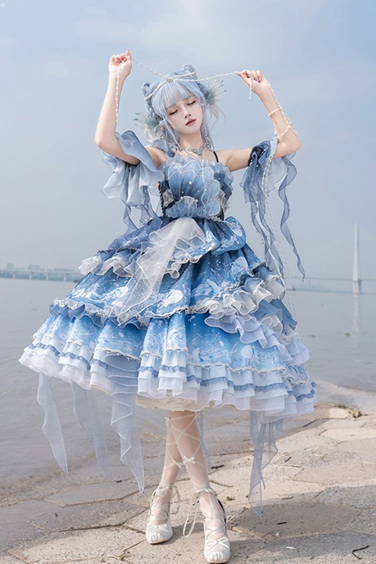 Gradient Printed Ruffled Embroidered Bow Lace Asymmetric Sweet Elegant Lolita JSK