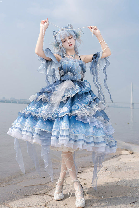 Gradient Printed Ruffled Embroidered Bow Lace Asymmetric Sweet Elegant Lolita JSK