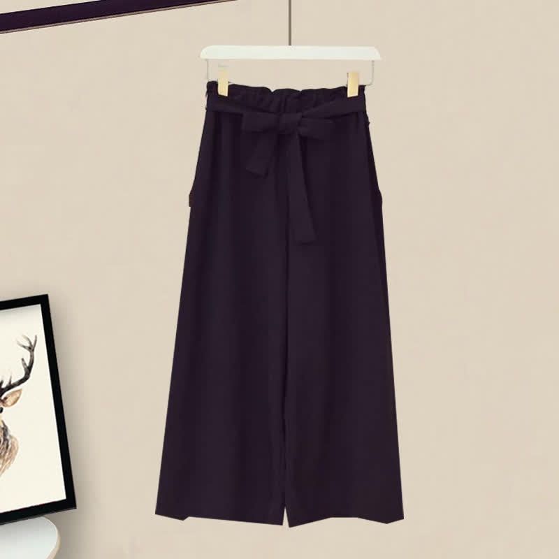 Elegant Bowknot Chiffon T-Shirt Lace Up Wide Leg Pants