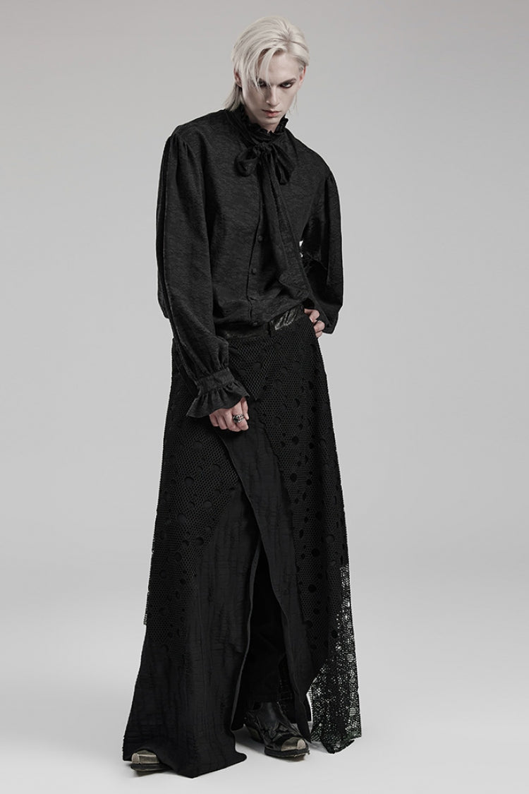 Men's Gothic Long Skirt with Mesh and Ripped Edges