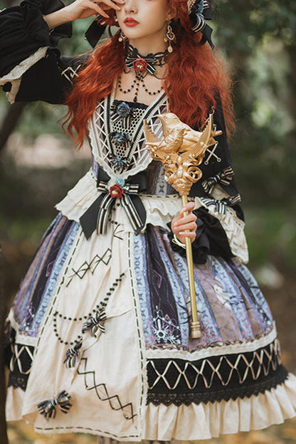 Mirror Finch Print Cardigan Ruffled Classic Lolita OP Dress