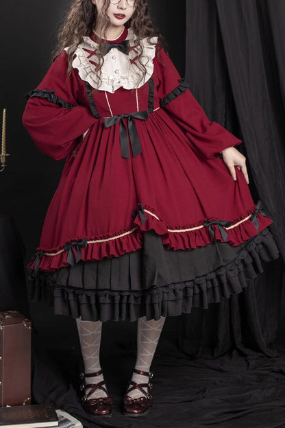 Red Long Sleeves Ruffle Bow Daily Sweet Princess Lolita Dress