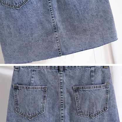 Denim Skirt Laple T-Shirt Embroidery Loose