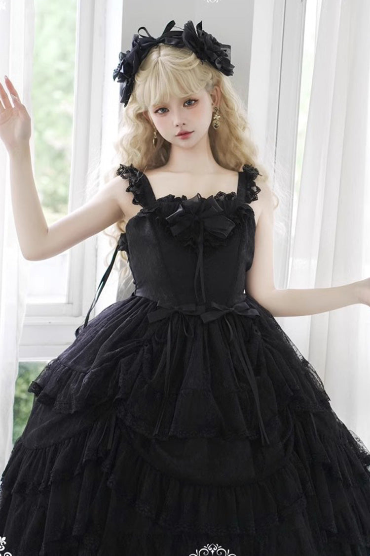 Gothic Princess Lolita JSK Dress with Ruffled Layers and Bow Accents