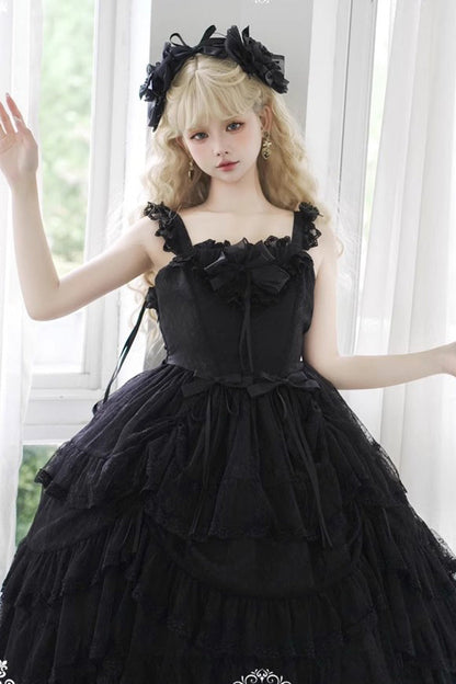 Gothic Princess Lolita JSK Dress with Ruffled Layers and Bow Accents