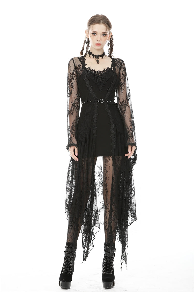 Maxi Cloak with Floral Lace and Belted Waist - Dark