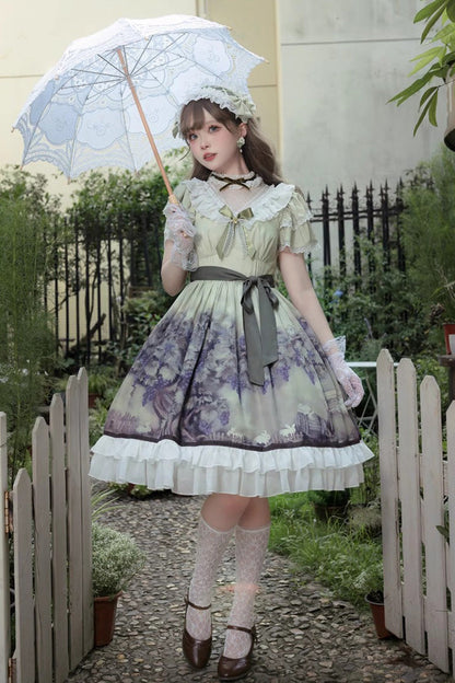 Multi-Color Short Sleeves Vineyard Print Ruffle Bow Sweet Princess Lolita Dress