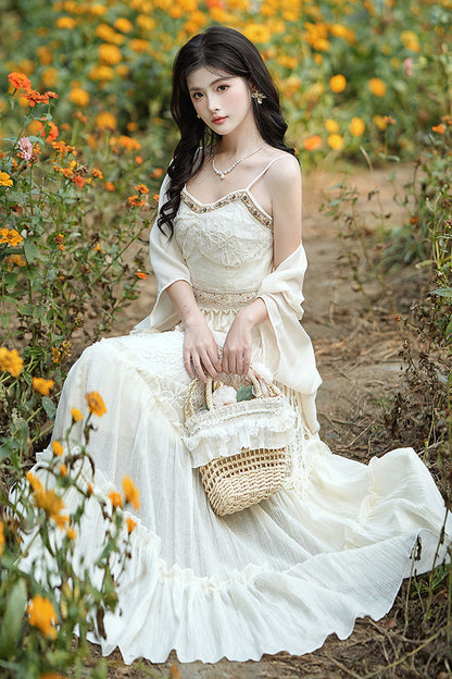 Apricot Bohemian Sleeveless Ruffle Embroidered Sweet Lolita Skirt Set