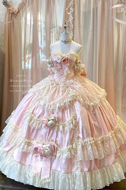 Pink Ruffle Bridal Bow Lace Sweet Princess Lolita Jumper - Love and Roses