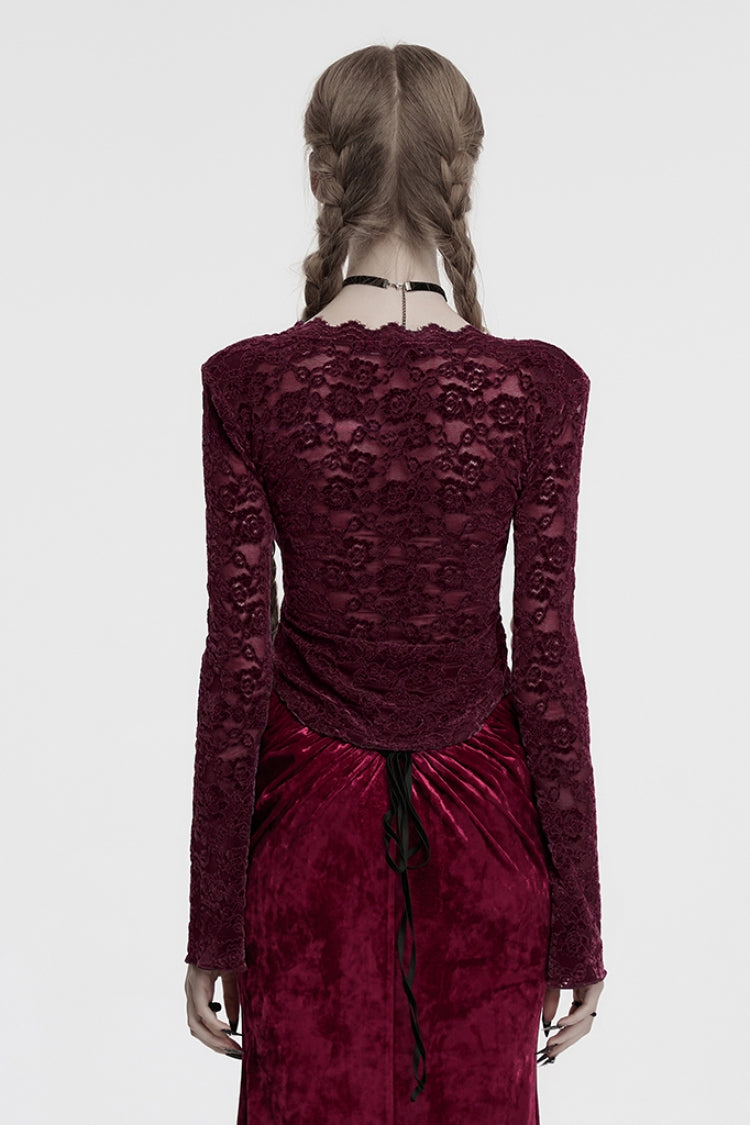 V Collar Long Sleeve Lace Sheer Gothic Blouse for Women