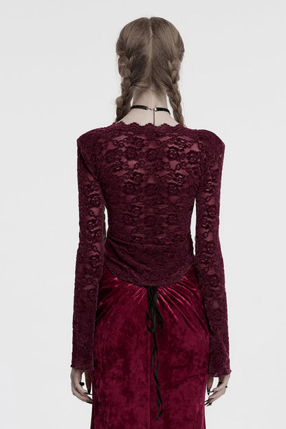 V Collar Long Sleeve Lace Sheer Gothic Blouse for Women