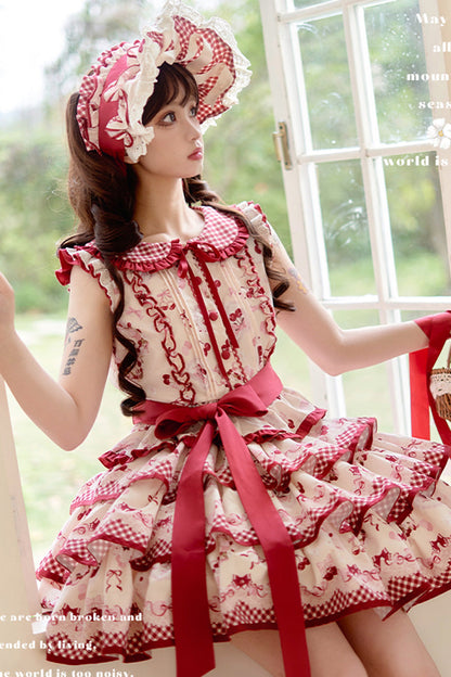 Crimson Three-Tier Cherry Print Ruffle Sweet Lolita Skirt Ensemble