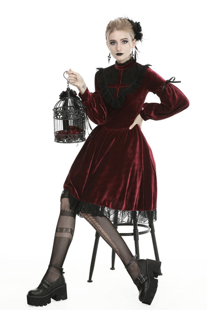 Vintage Long Sleeve Lace Collar Cross Gothic Velvet Dress for Women