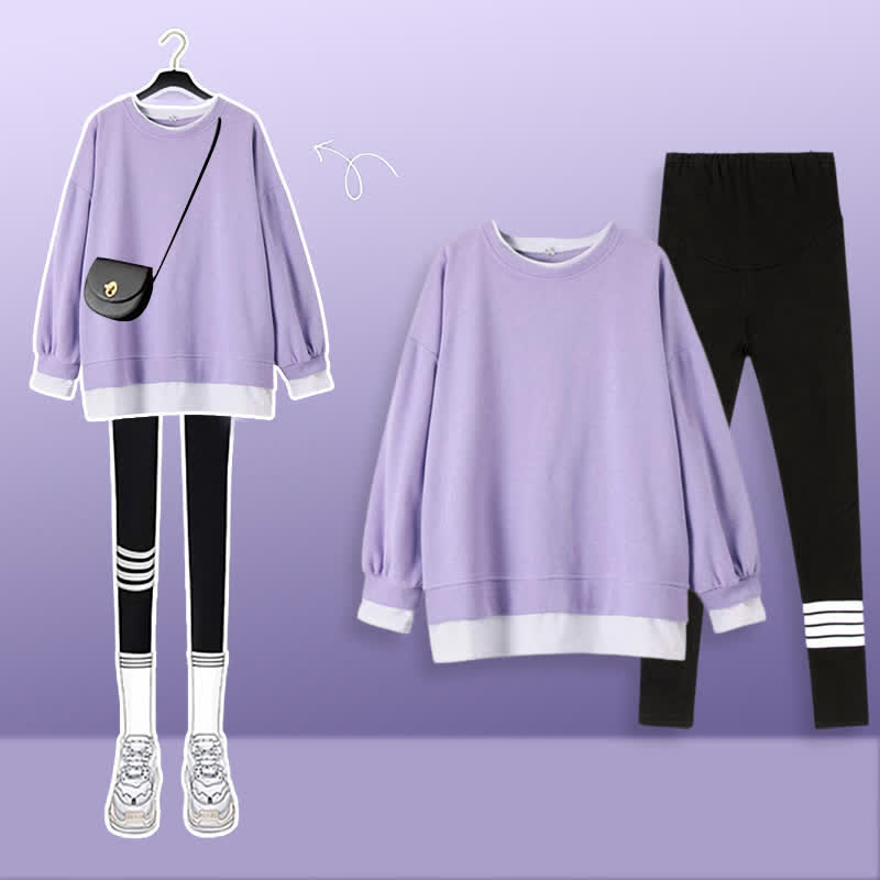 Lässiges Sweatshirt mit rundem Kragen, lässiges Leggings-Set