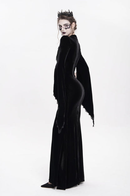 V Collar Trumpet Sleeve Floral Embroidered Velvet Gothic Dress