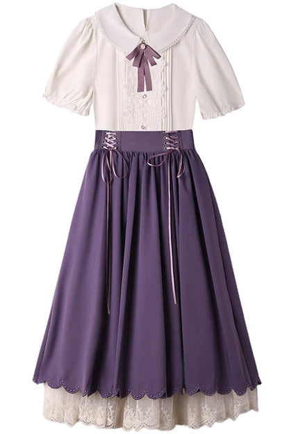 Solid Color Lapel Collar Short Sleeves High Waist Lace-Up Wave Hem Classic Lolita Two-Piece Set 7 Colors